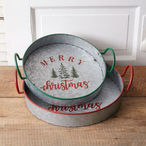 Set of Two Galvanized Merry Christmas Trays Largest is 16''W x 14''D x 5''H